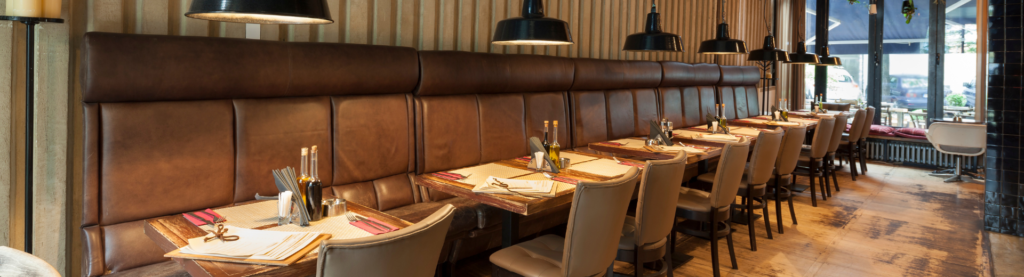 Brown and tan restaurant interior, empty